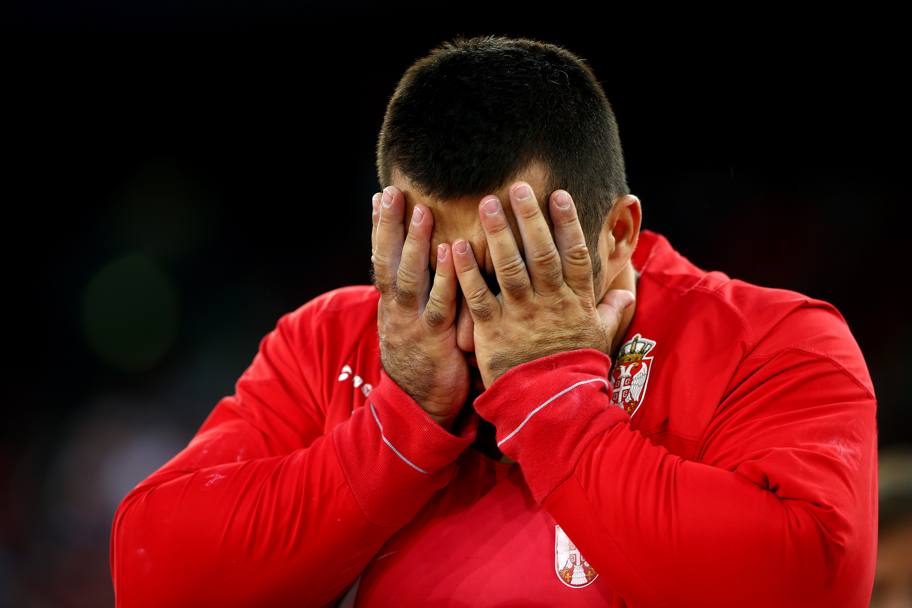 Il disappunto del serbo Asmir Kolanisac al termine della finale di getto del peso, chiusa al quinto posto. Getty Images